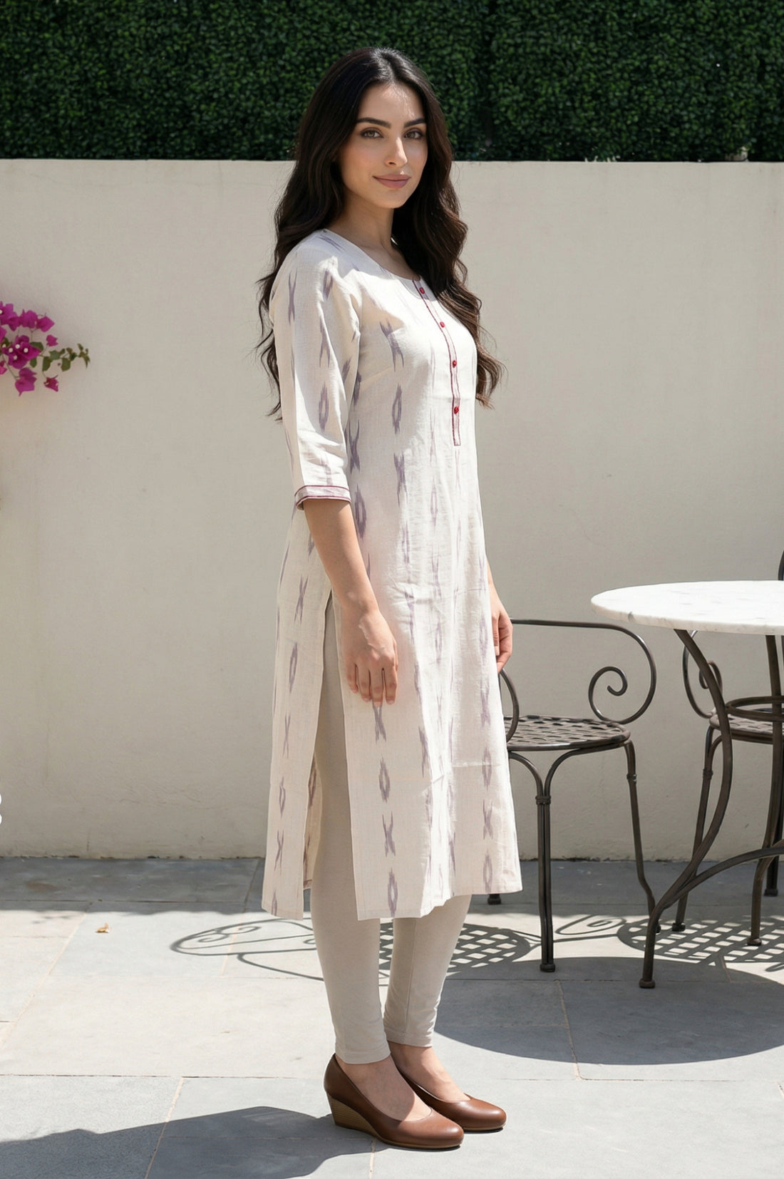 Off White Ikat Printed Cotton Blend Straight Kurta