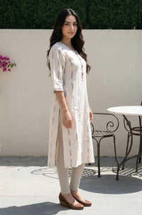 Off White Ikat Printed Cotton Blend Straight Kurta