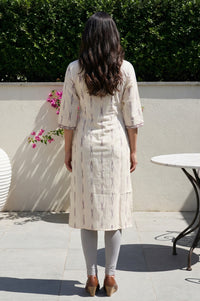 Off White Ikat Printed Cotton Blend Straight Kurta