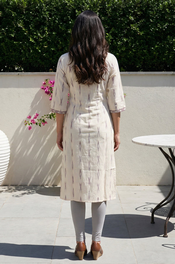 Off White Ikat Printed Cotton Blend Straight Kurta