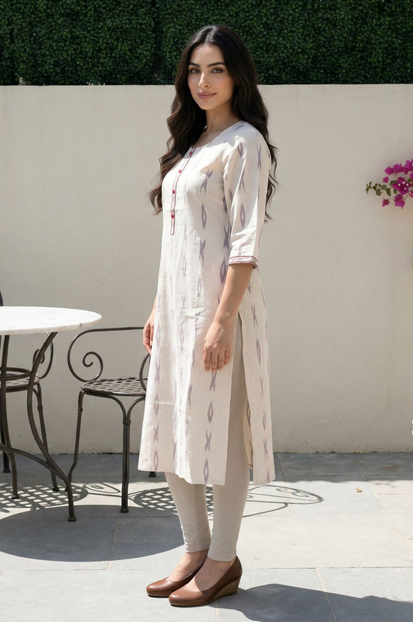 Off White Ikat Printed Cotton Blend Straight Kurta