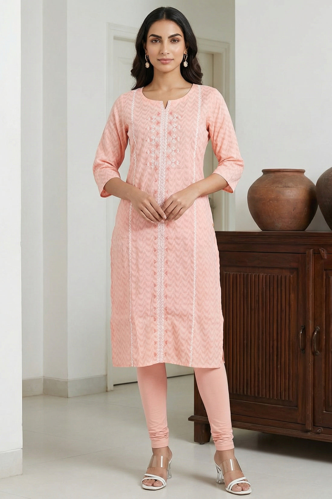 Peach Embroidered Dobby Straight Kurta