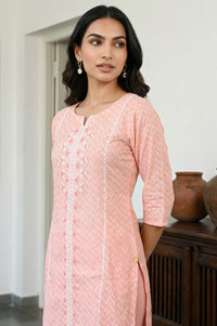 Peach Embroidered Dobby Straight Kurta