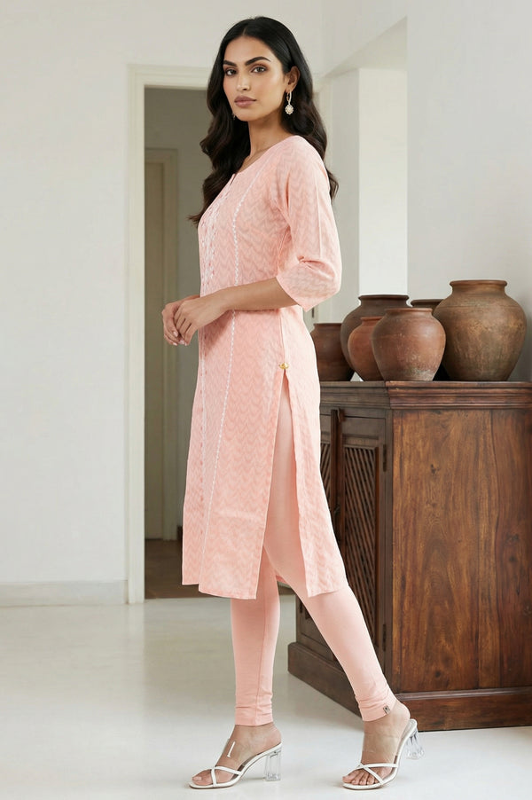 Peach Embroidered Dobby Straight Kurta