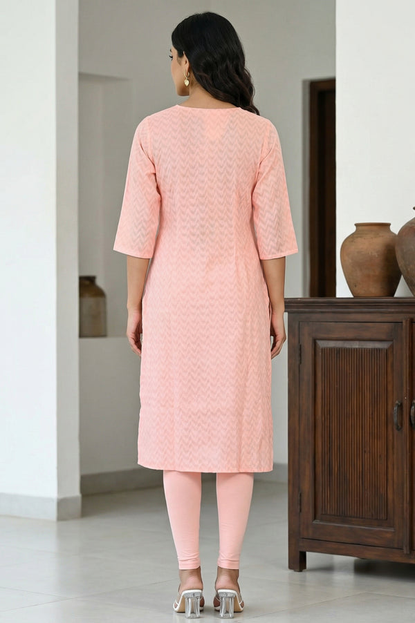 Peach Embroidered Dobby Straight Kurta