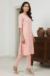 Peach Embroidered Dobby Straight Kurta