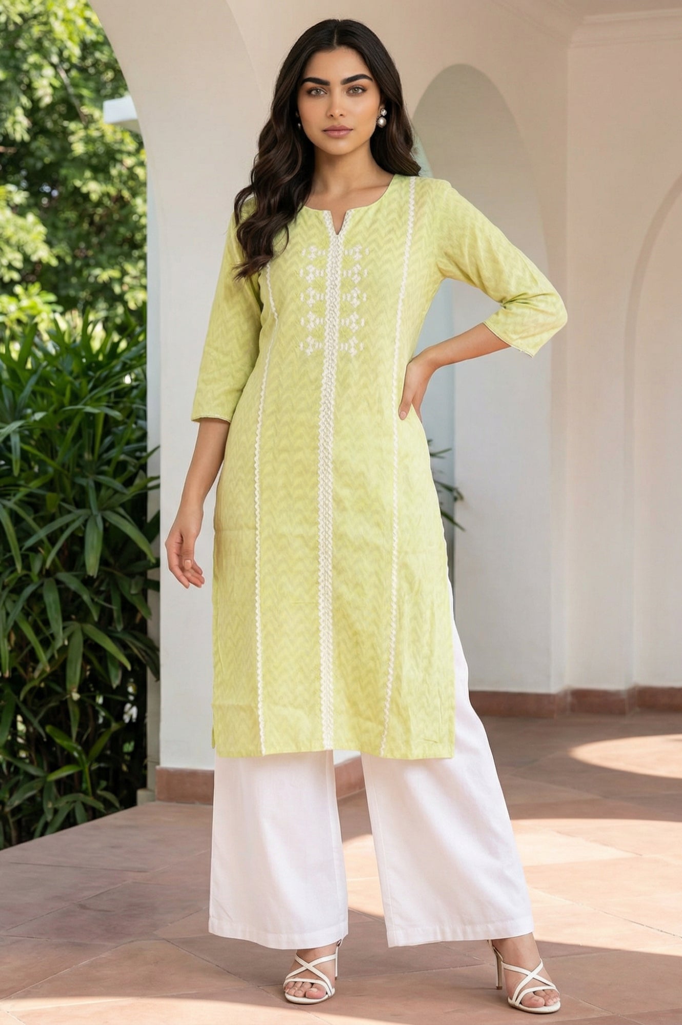 Buy Lime Green Chevron Thread Work Straight Kurta Online for Woman