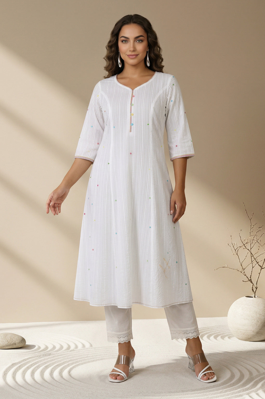 White embellished Textured Pure Cotton A-line Kurta