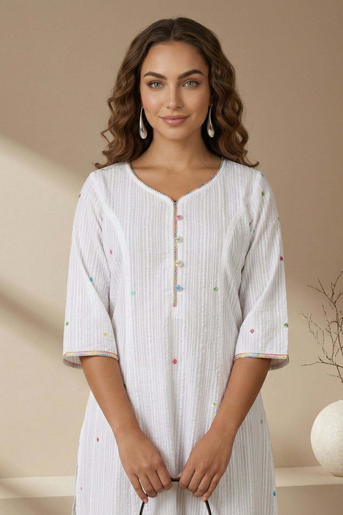 White embellished Textured Pure Cotton A-line Kurta