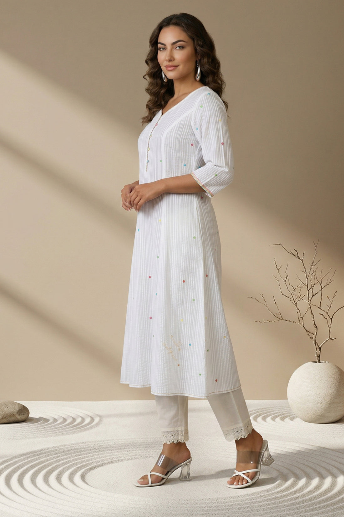 White embellished Textured Pure Cotton A-line Kurta