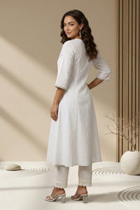 White embellished Textured Pure Cotton A-line Kurta