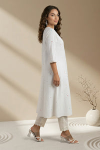 White embellished Textured Pure Cotton A-line Kurta