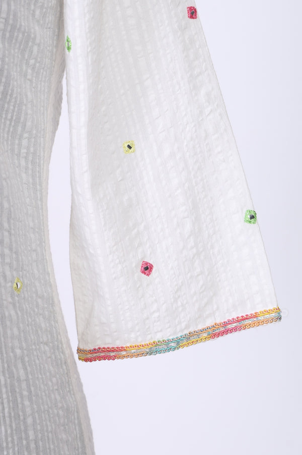 White embellished Textured Pure Cotton A-line Kurta