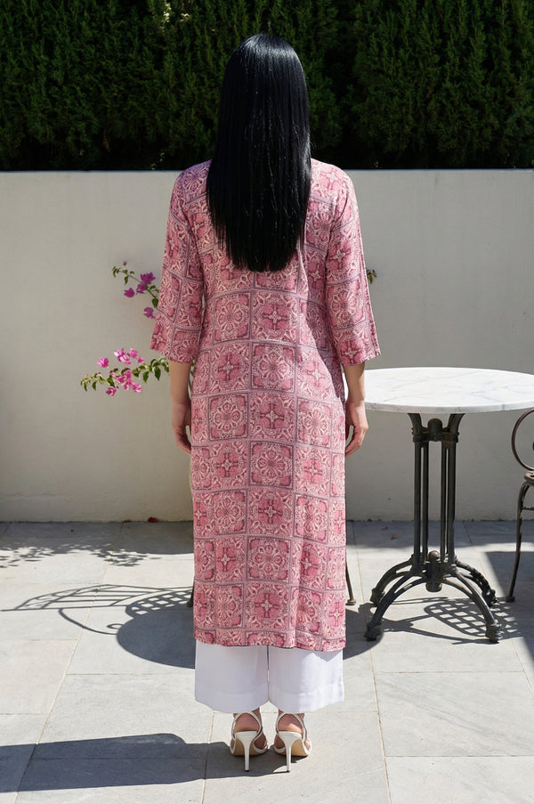 Pink Geometric Printed Modal Straight Kurta