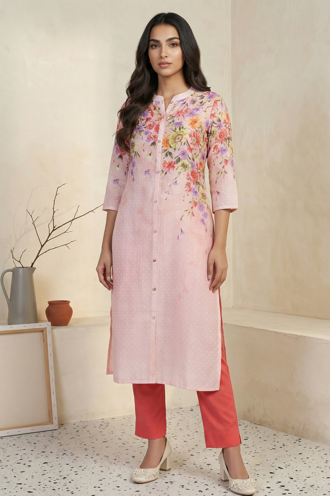 Pink Floral Printed Straight Kurta
