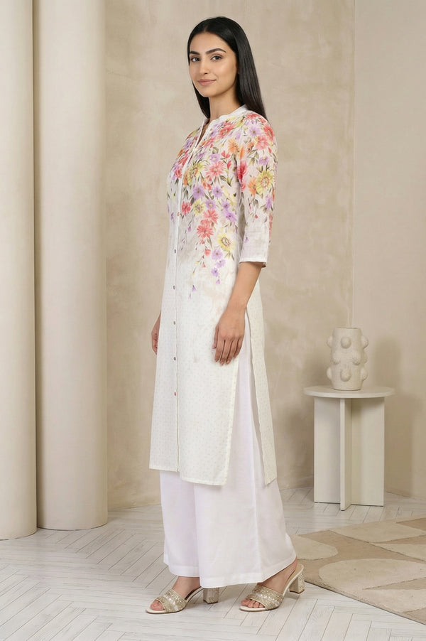 Off-White Floral Printed Straight Kurta