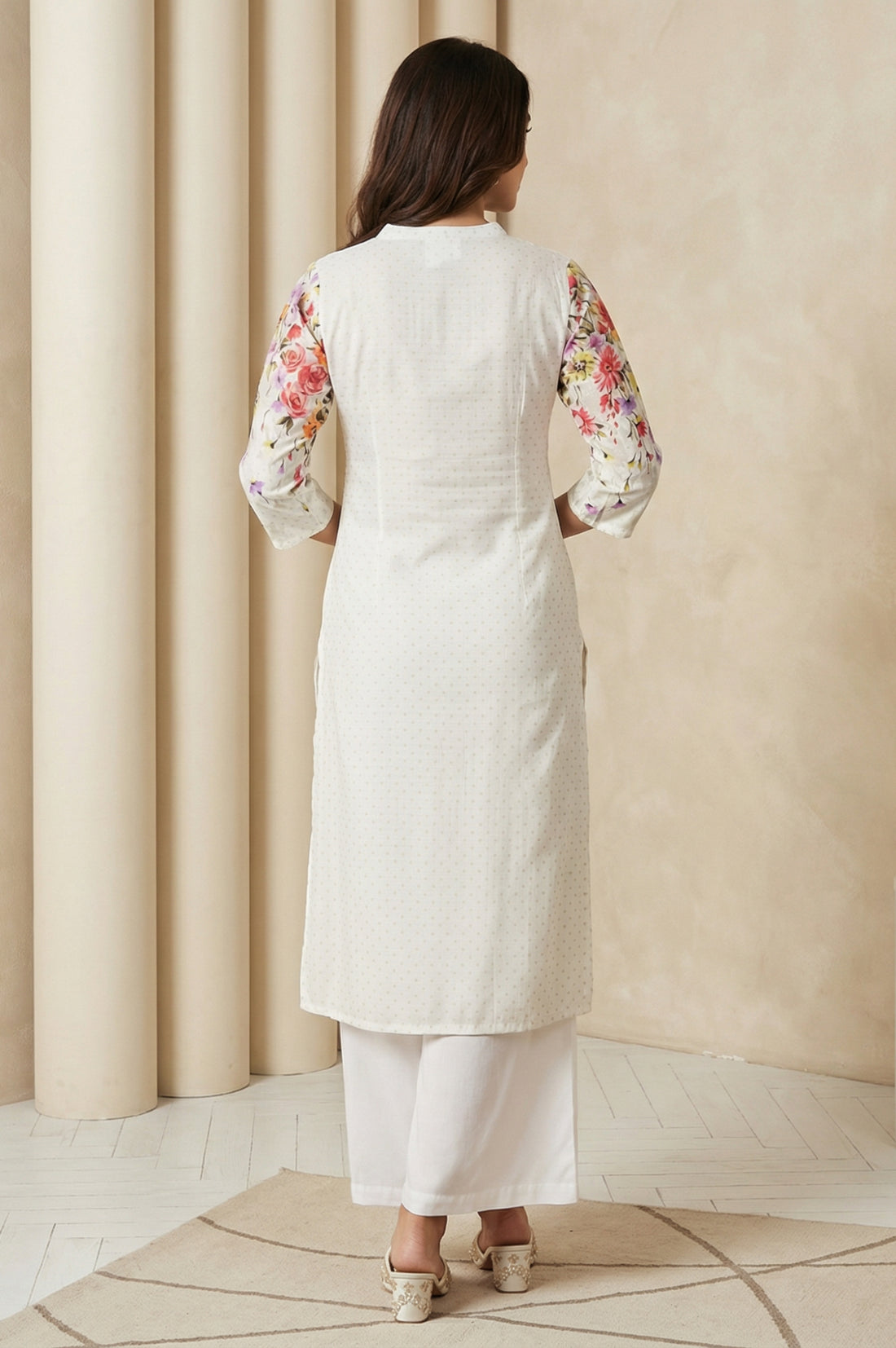 Off-White Floral Printed Straight Kurta