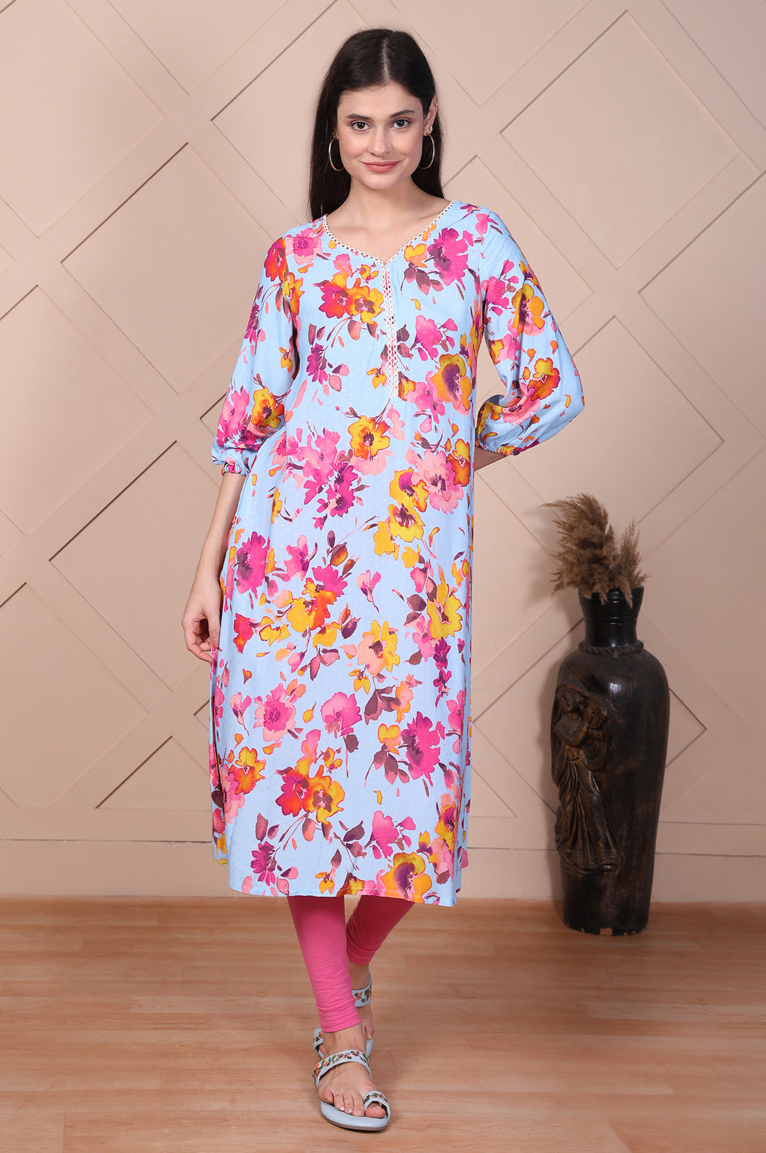 Sky Blue Floral Printed Flared A-line Kurta