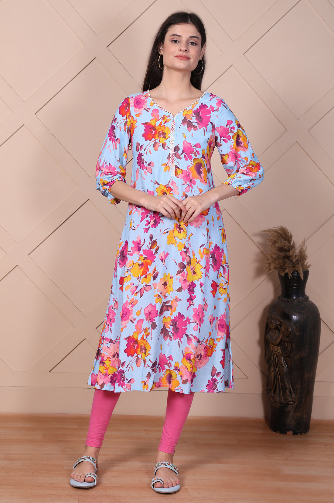 Sky Blue Floral Printed Flared A-line Kurta