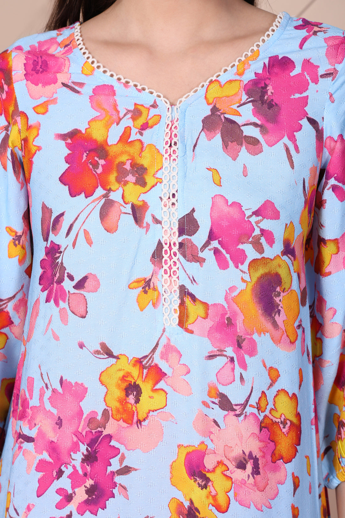 Sky Blue Floral Printed Flared A-line Kurta