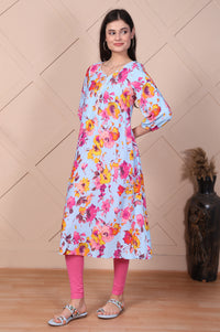 Sky Blue Floral Printed Flared A-line Kurta