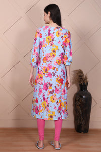 Sky Blue Floral Printed Flared A-line Kurta