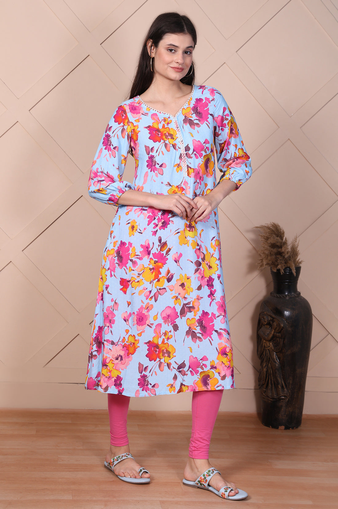Sky Blue Floral Printed Flared A-line Kurta