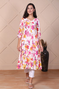 White Floral Printed Flared A-line Kurta