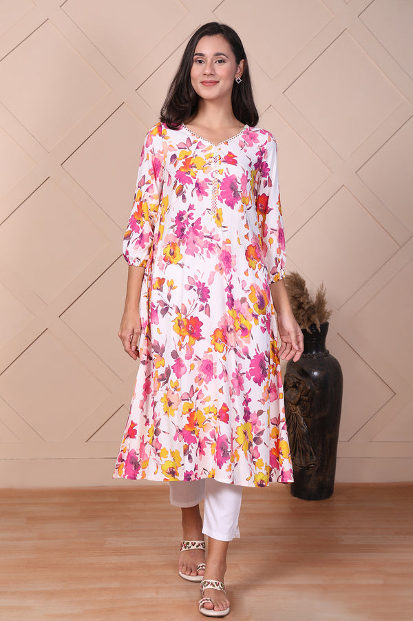 White Floral Printed Flared A-line Kurta