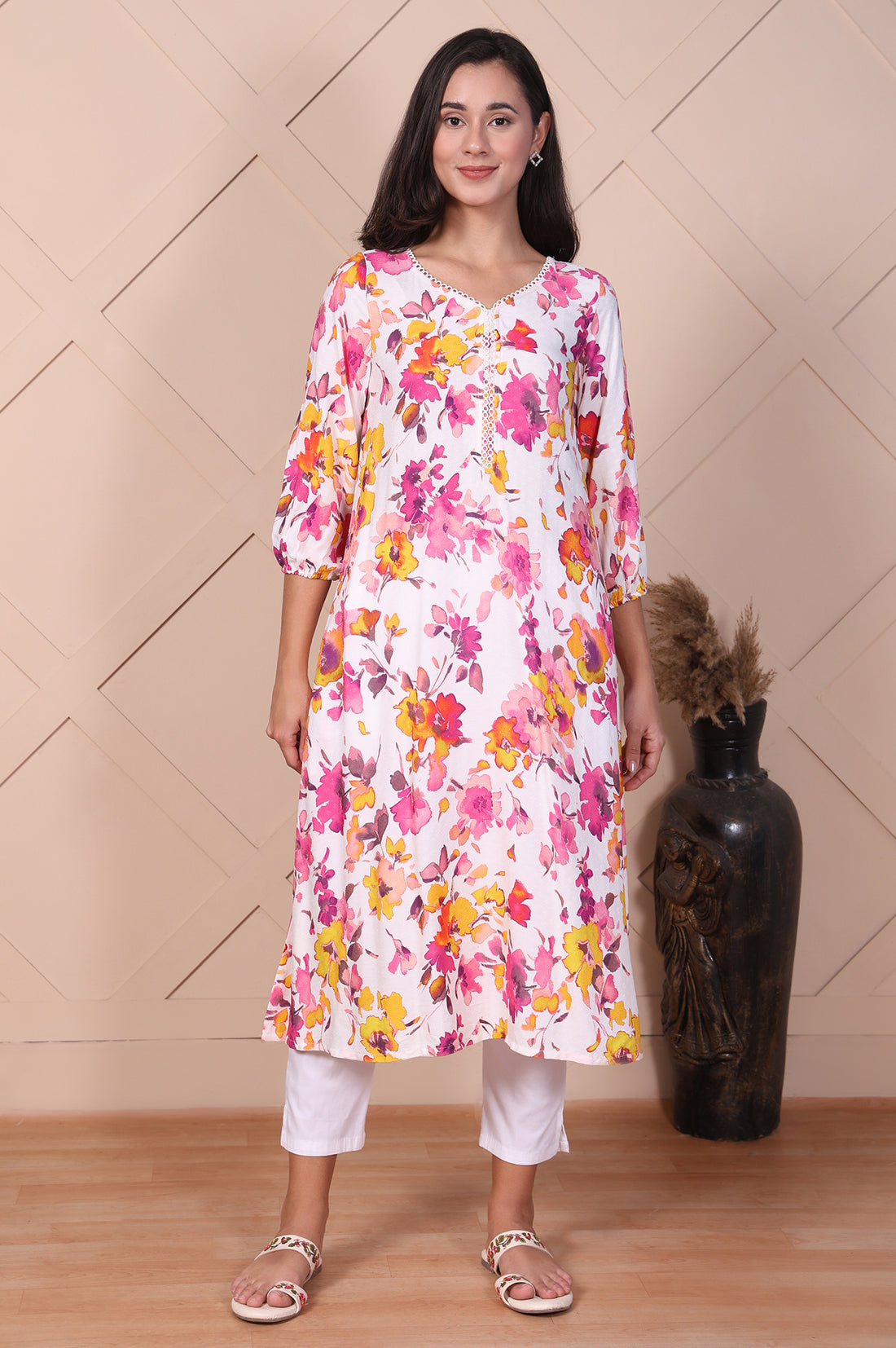 White Floral Printed Flared A-line Kurta