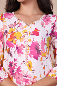 White Floral Printed Flared A-line Kurta