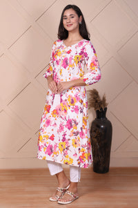 White Floral Printed Flared A-line Kurta