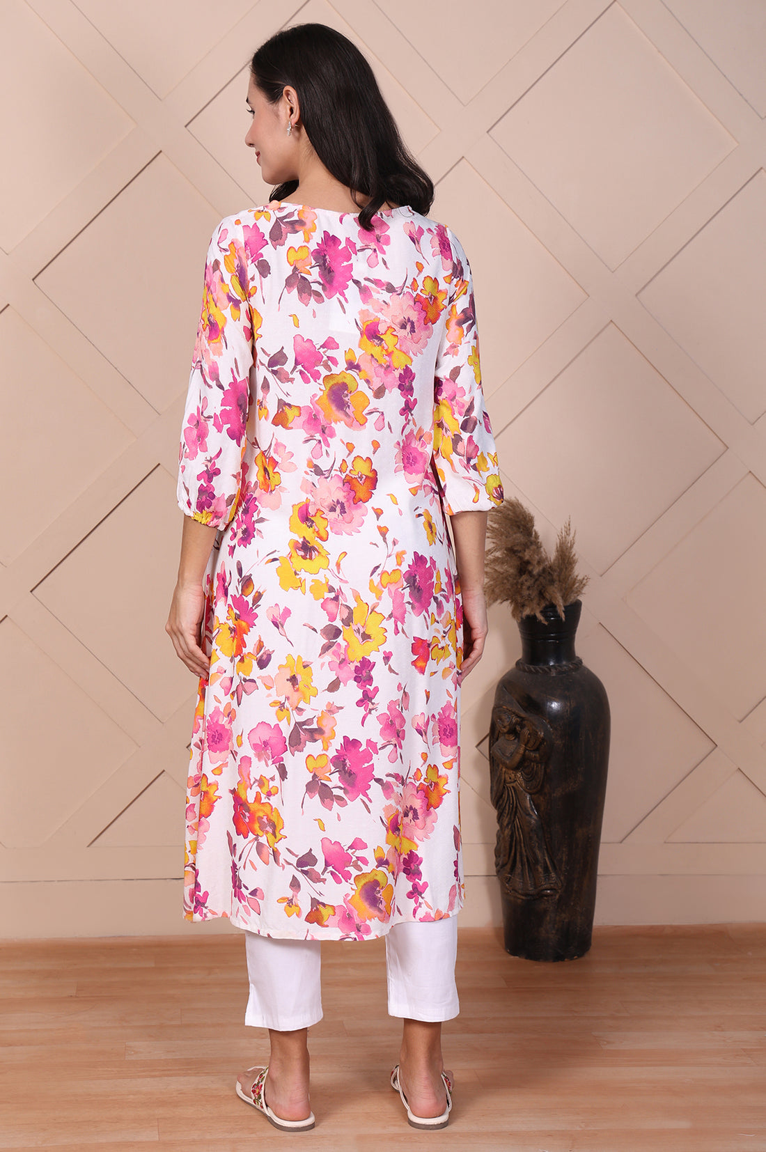 White Floral Printed Flared A-line Kurta