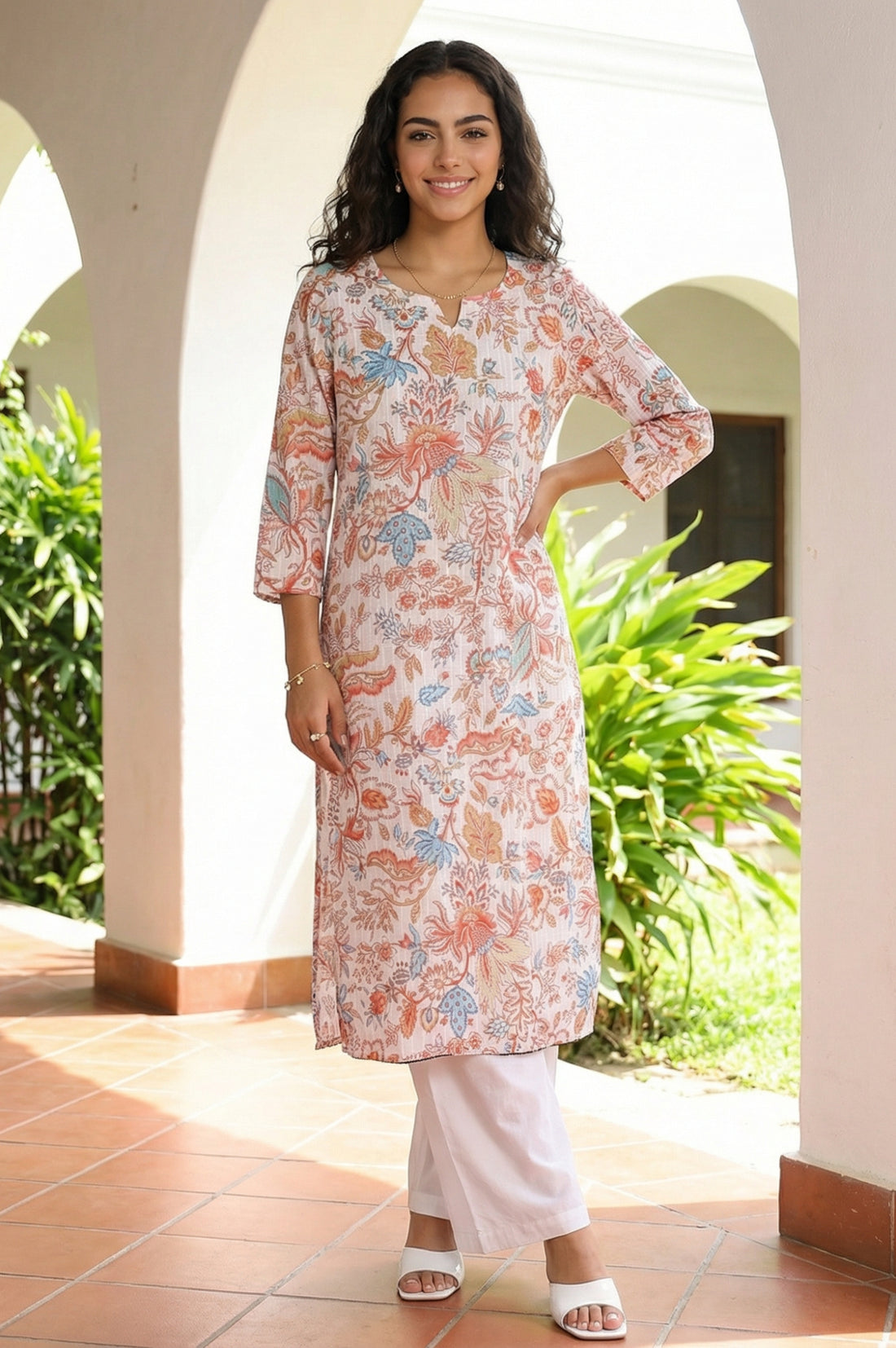 White Floral Printed Pure Cotton Straight Kurta
