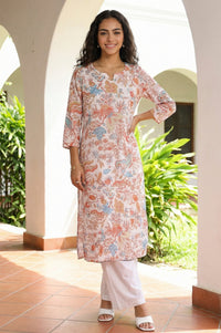 White Floral Printed Pure Cotton Straight Kurta