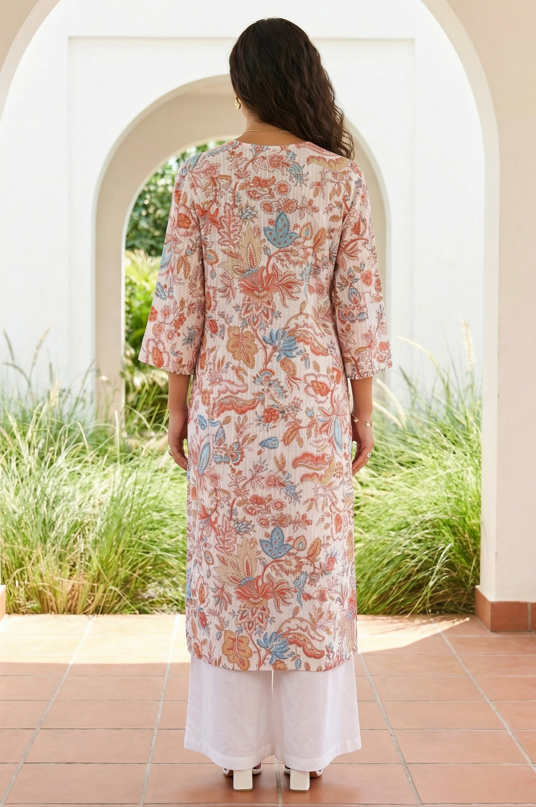 White Floral Printed Pure Cotton Straight Kurta