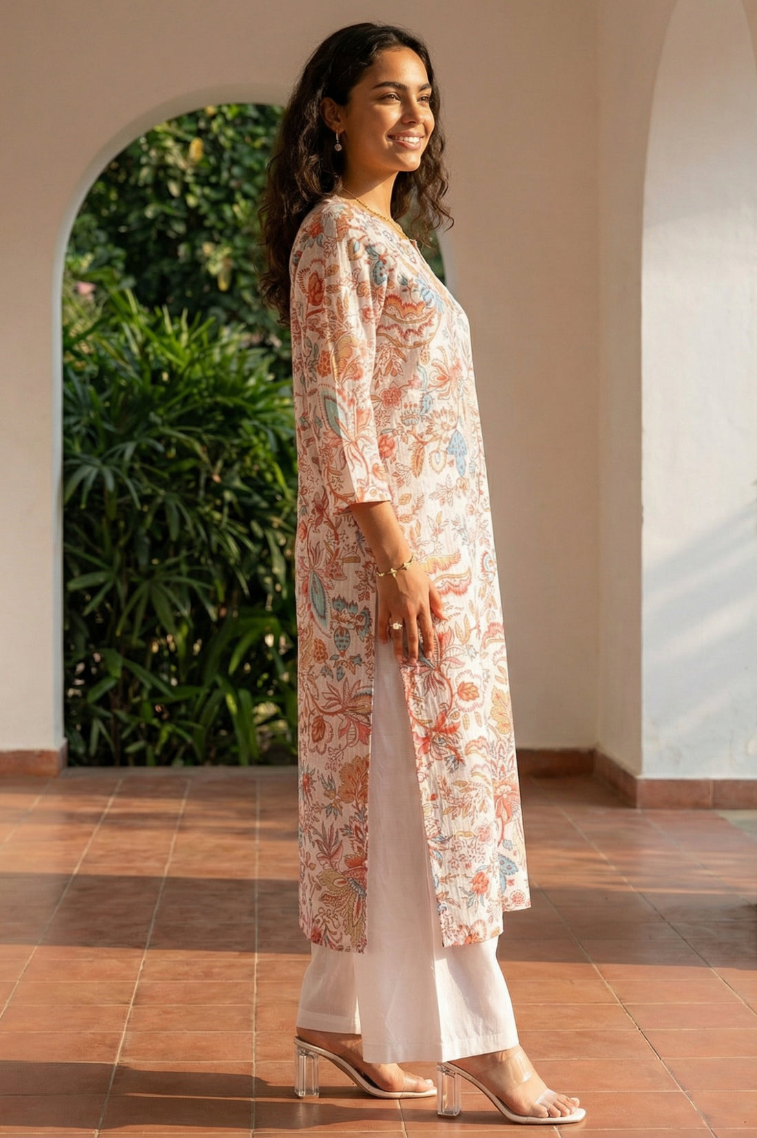 White Floral Printed Pure Cotton Straight Kurta