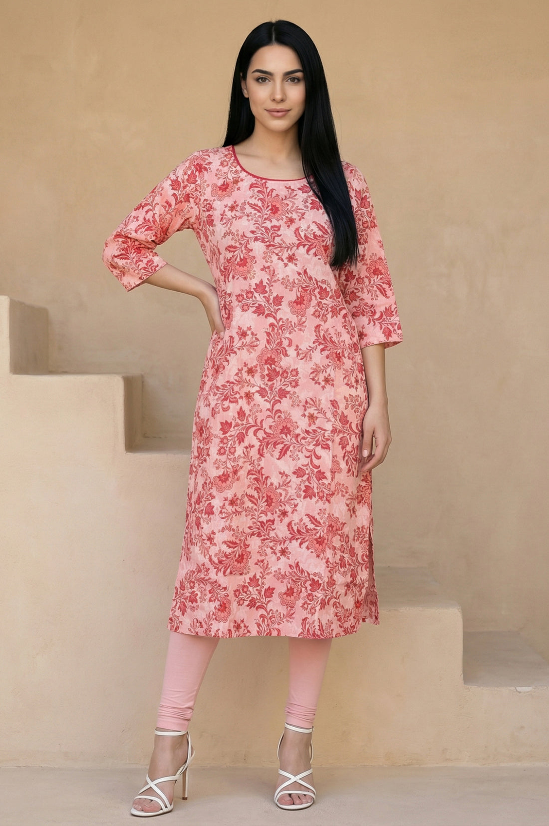 Peach Floral Printed Pure Cotton Straight Kurta