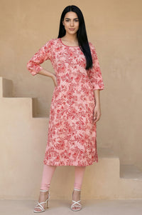 Peach Floral Printed Pure Cotton Straight Kurta