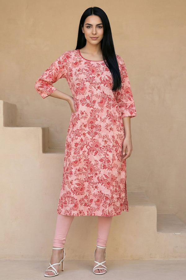 Peach Floral Printed Pure Cotton Straight Kurta