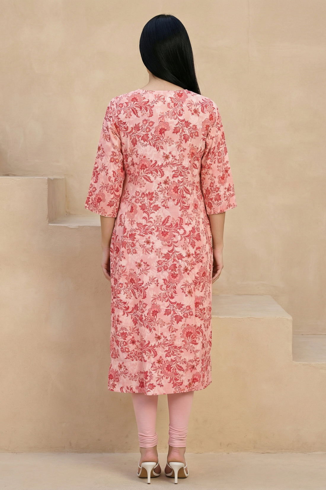 Peach Floral Printed Pure Cotton Straight Kurta