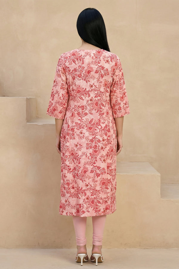 Peach Floral Printed Pure Cotton Straight Kurta