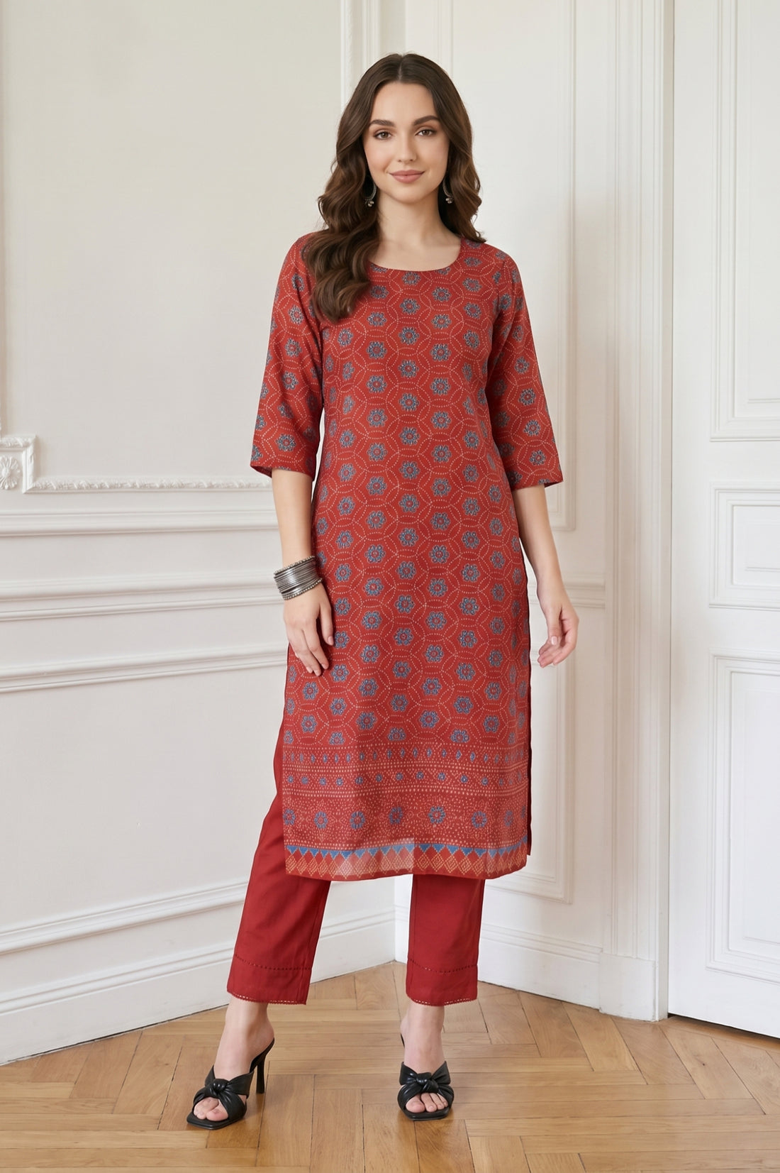 Rust Red Bandhani Printed Crepe Straight Kurta