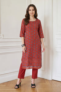Rust Red Bandhani Printed Crepe Straight Kurta
