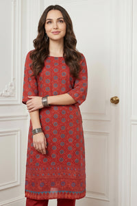 Rust Red Bandhani Printed Crepe Straight Kurta