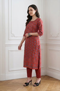 Rust Red Bandhani Printed Crepe Straight Kurta