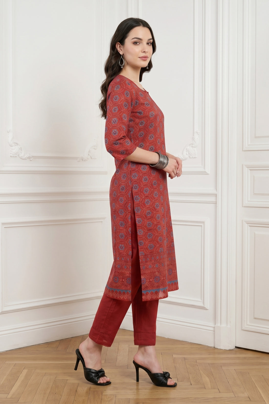 Rust Red Bandhani Printed Crepe Straight Kurta