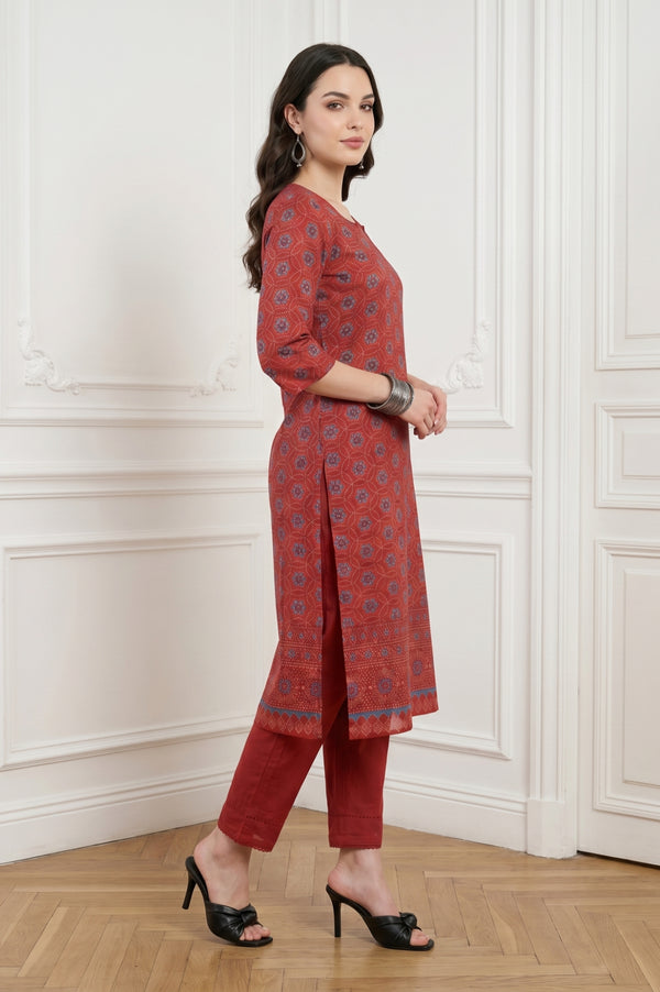 Rust Red Bandhani Printed Crepe Straight Kurta