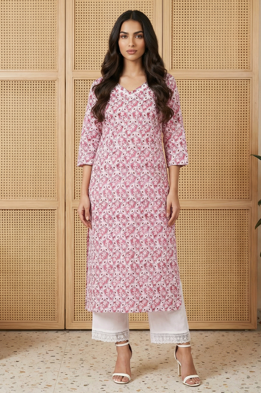 Pink Geometric Printed Lace Trim Cotton Blend Straight Kurta