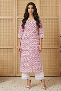 Pink Geometric Printed Lace Trim Cotton Blend Straight Kurta